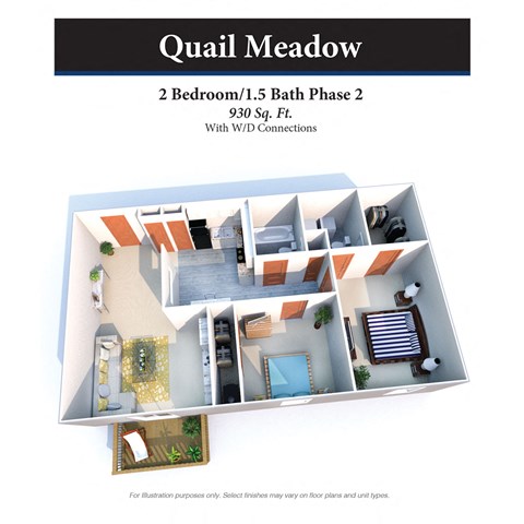 Floor plan for 2 beds, 1.5 baths, 930 sqft
